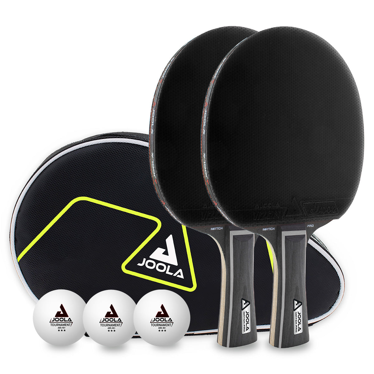 Two JOOLA table tennis rackets with a paddle cover and three balls on a white background.