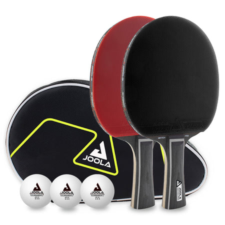 Two JOOLA table tennis rackets with a paddle cover and three balls on a white background.