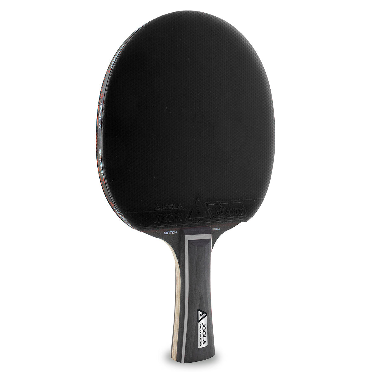 White background, JOOLA Table Tennis racket, JOOLA Black Duo Pro surface and black and gray handle.