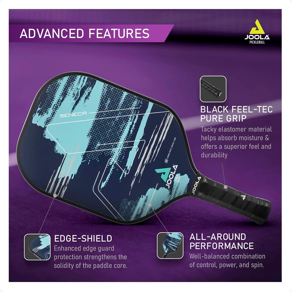Infographic image for the JOOLA Seneca Picklebabll Paddle showing the Advanced features of the paddle including, Edge-Shield, Black Feel-Tec Pure Grip and All-Around Performance attributes.