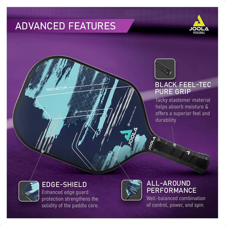 Infographic image for the JOOLA Seneca Picklebabll Paddle showing the Advanced features of the paddle including, Edge-Shield, Black Feel-Tec Pure Grip and All-Around Performance attributes.