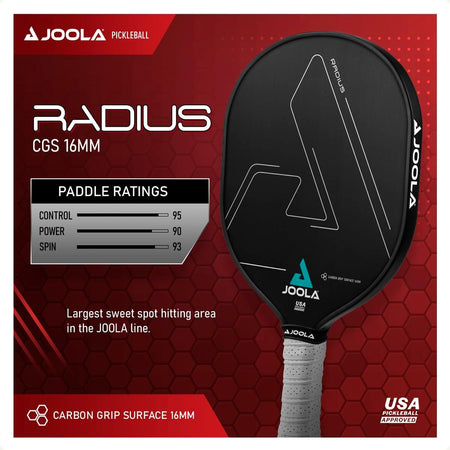 Infographic for the JOOLA Radius Pickleball Paddle with specs on Control, Power and Spin.