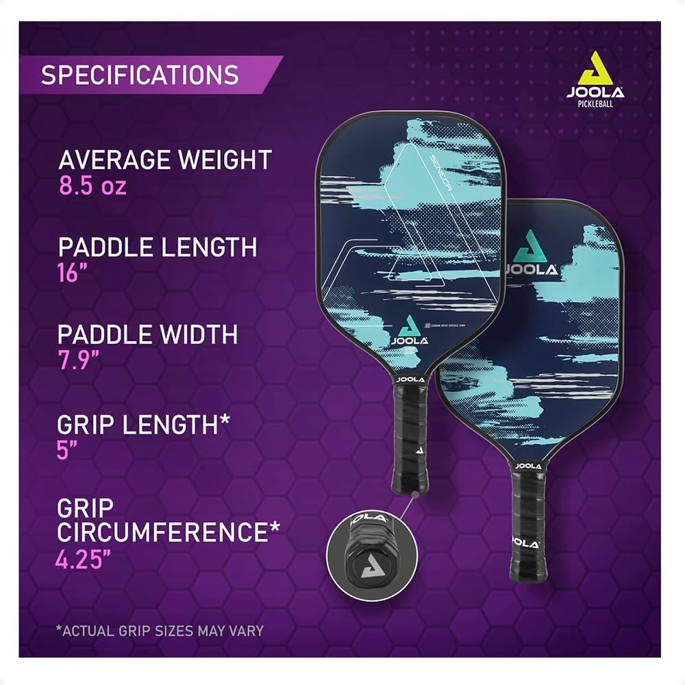 Infographic showing the paddle specifications for the JOOLA Seneca Pickleball Paddle series. Shows Average Weight, Paddle Length, Paddle Width, Grip Length and Grip Circumference.