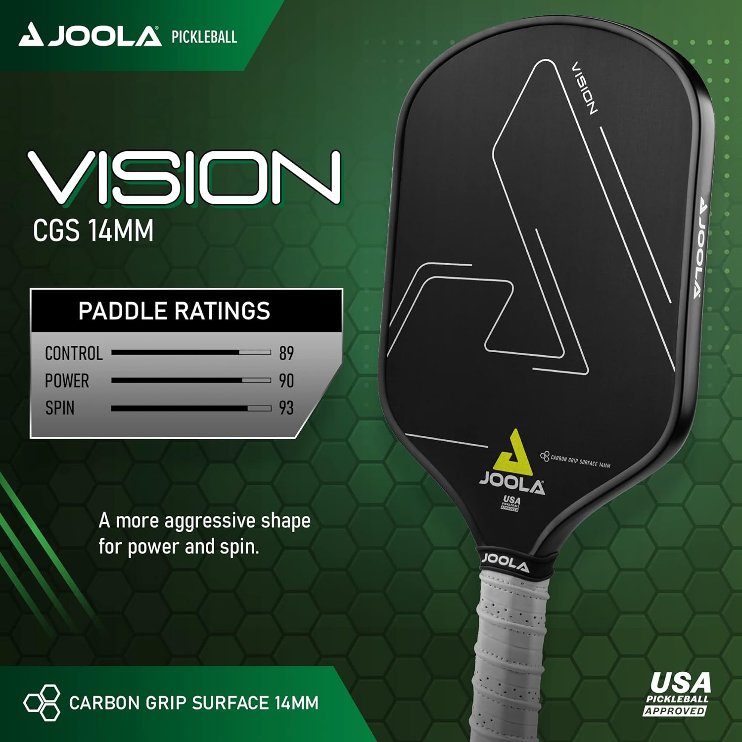 JOOLA Vision pickleball paddle with ratings on a green background