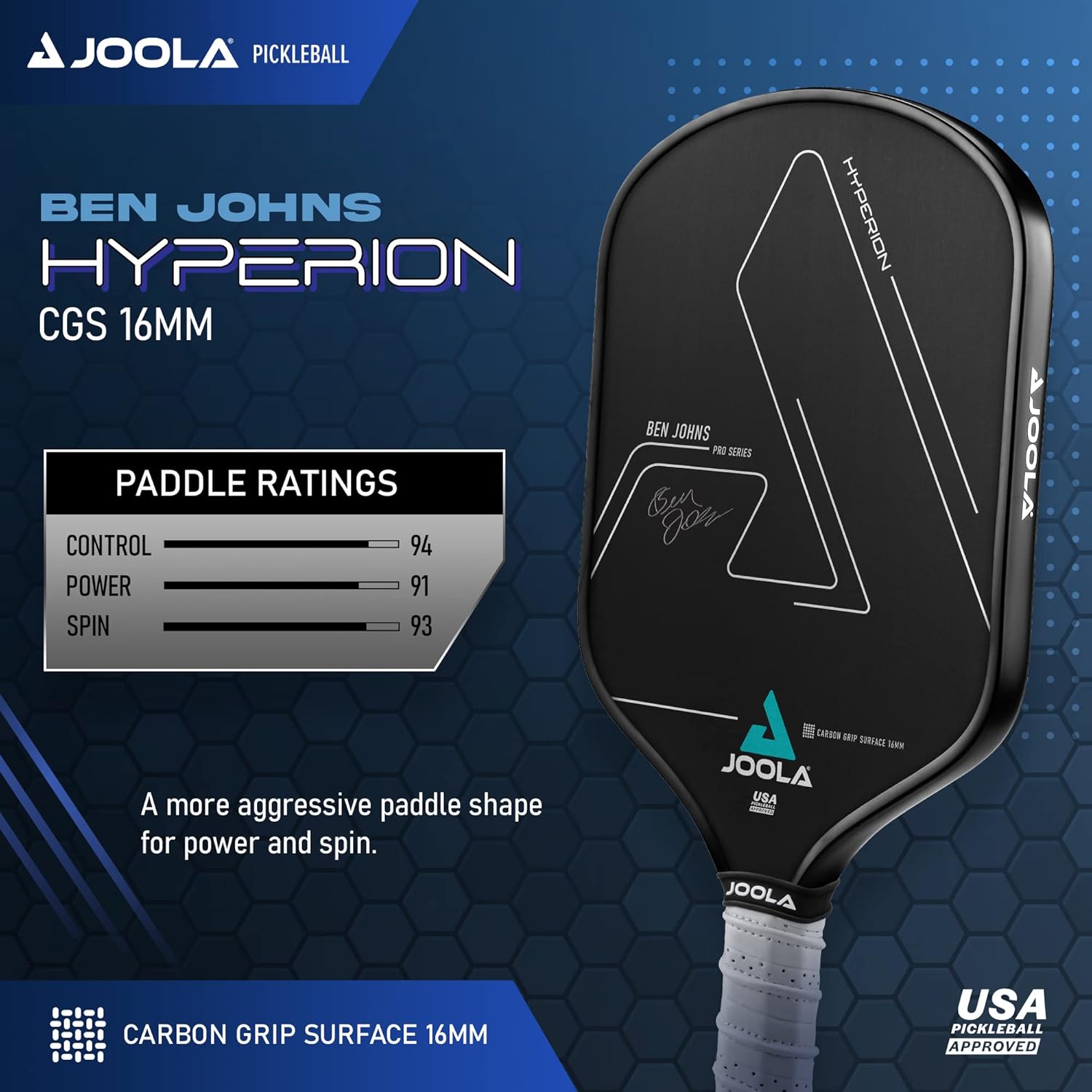 Infographic for the JOOLA Hyperion CGS Pickleball Paddle with specs on Control, Power and Spin.