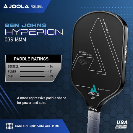 Infographic for the JOOLA Hyperion CGS Pickleball Paddle with specs on Control, Power and Spin.