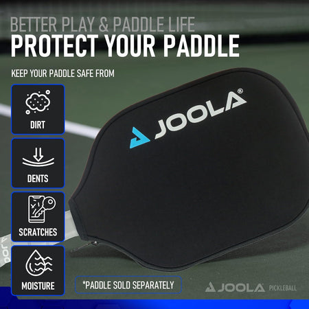 JOOLA paddle cover with JOOLA branding on a pickleball court background.