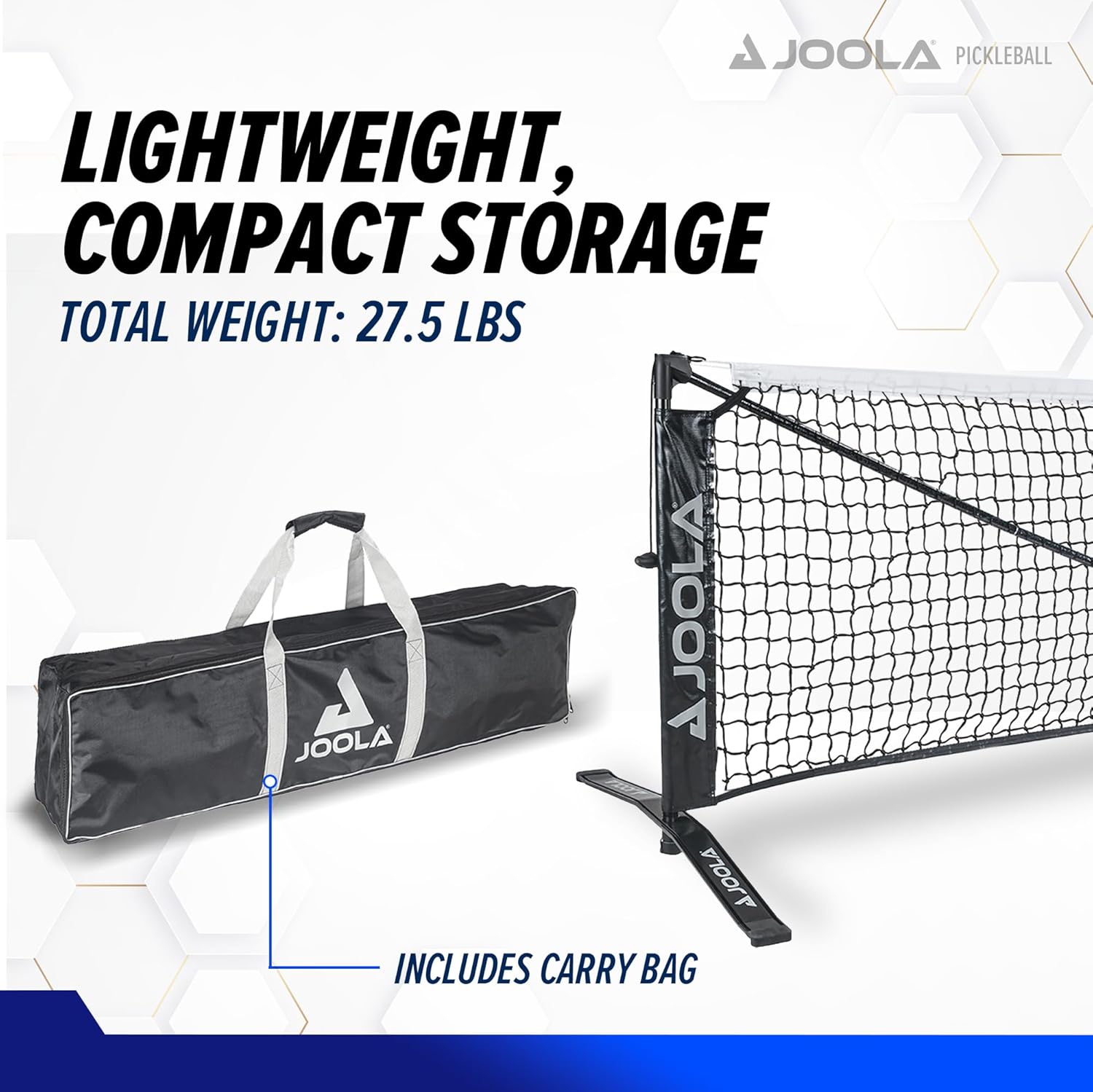 JOOLA pickleball infographic showing the lightweight, compact storage of a JOOLA portable pickleball net.