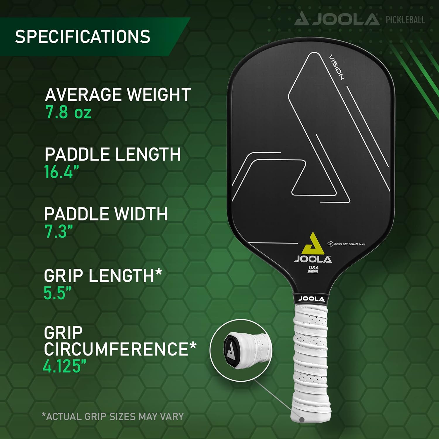 JOOLA pickleball paddle with specifications on a green background
