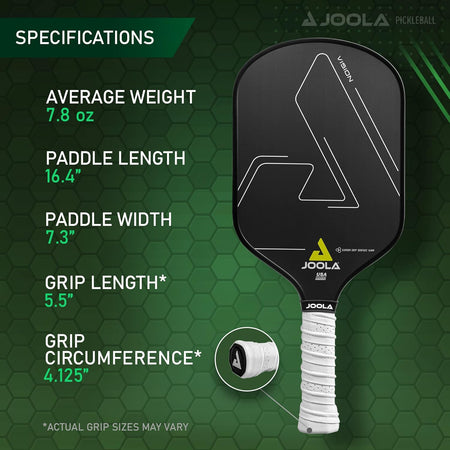JOOLA pickleball paddle with specifications on a green background