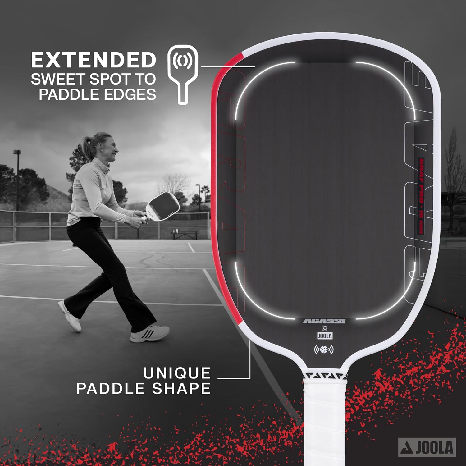 Inforgraphic image showing the extended sweet spot of the Agassi and Graf Pro pickleball paddles.