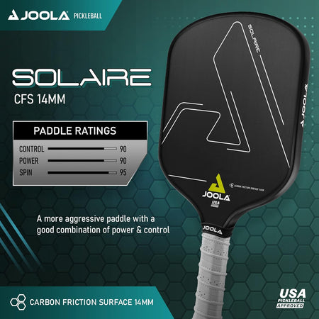 Infographic for the JOOLA Solaire Pickleball Paddle with specs on Control, Power and Spin.