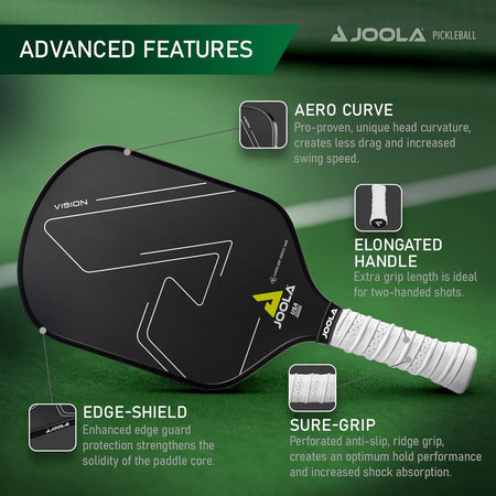 JOOLA pickleball paddle with features highlighted on a green background