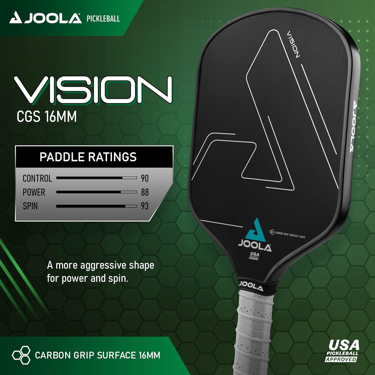 Infographic for the JOOLA Vision Pickleball Paddle with specs on Control, Power and Spin.