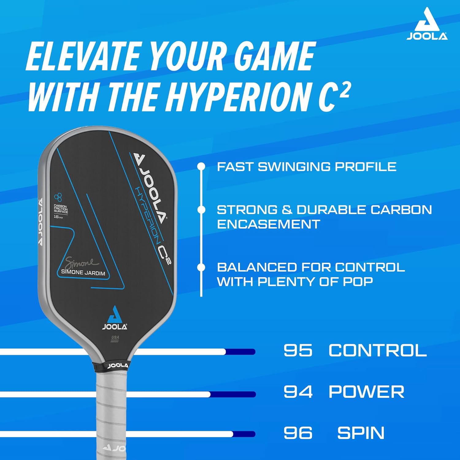 Infographic showing the Control Spin and Power numbers for the JOOLA Hyperion C2 pickleball paddle.