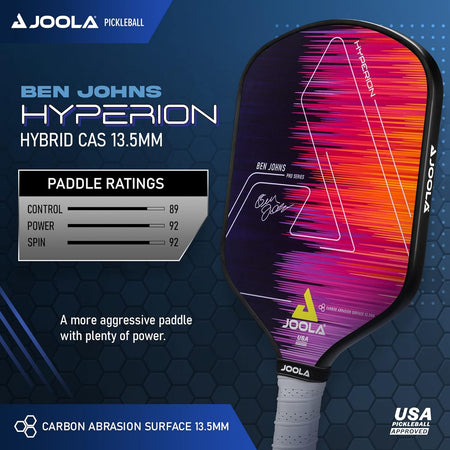 Infographic for the JOOLA Hyperion CAS Pickleball Paddle with specs on Control, Power and Spin.