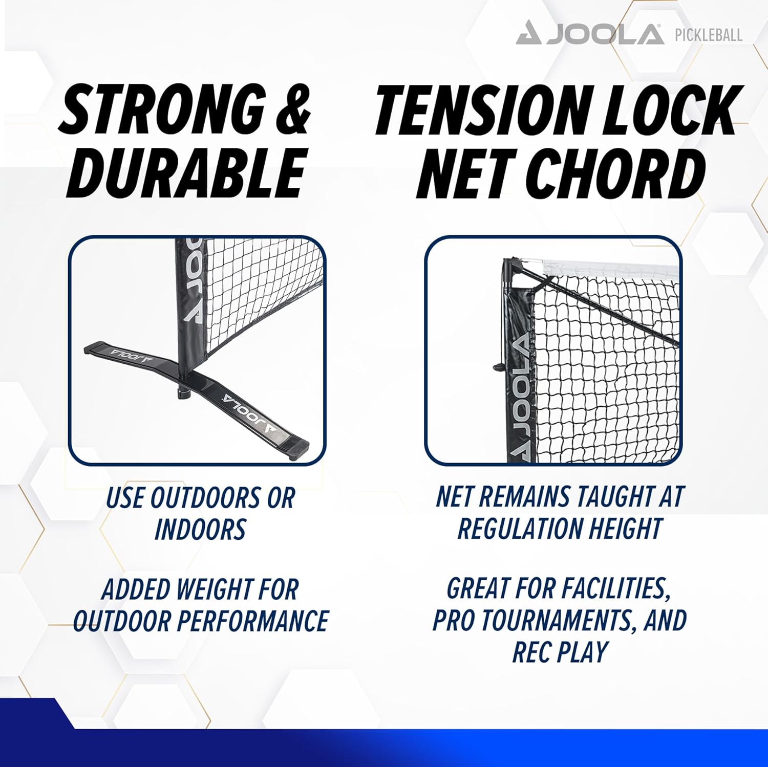 JOOLA pickleball infographic showing the strong and durable base and side of a JOOLA portable net. 