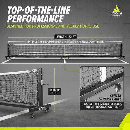 JOOLA pickleball infographic showing the height and length specs of the JOOLA pro pickleball net.