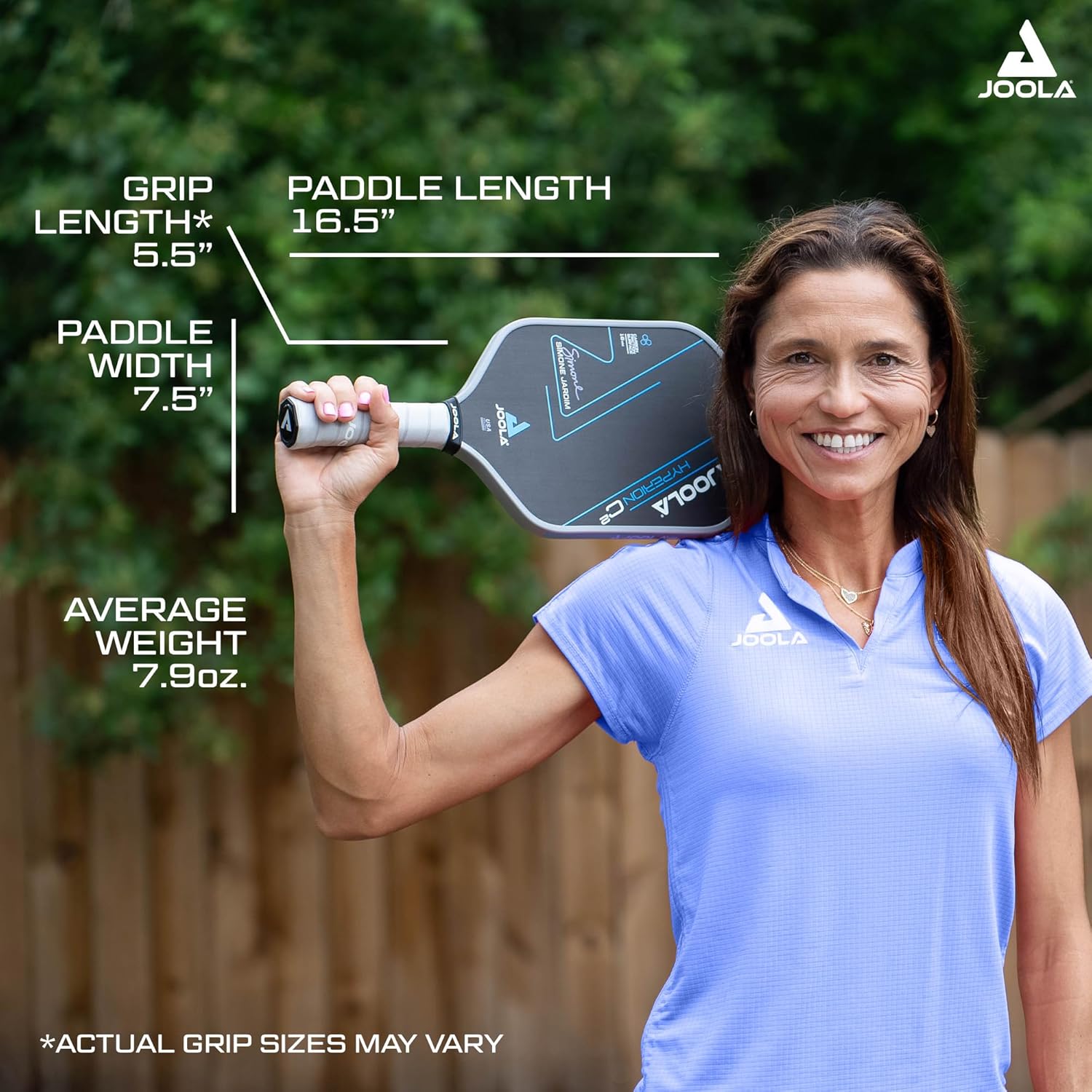 Infographic image of JOOLA Pro Simone Jardim holding her JOOLA Simone Jardim Hyperion C2 pickleball paddle.