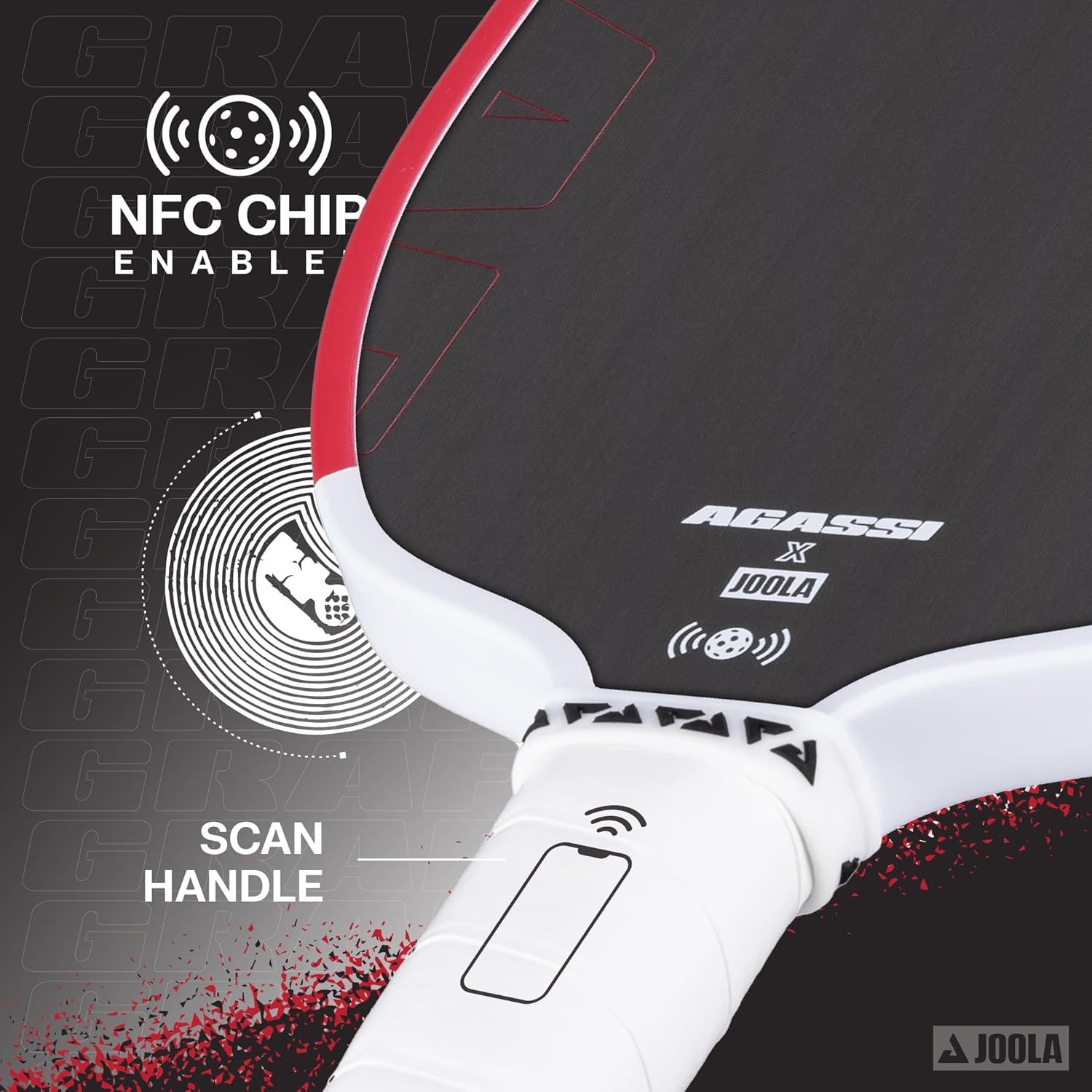 Close up image of the JOOLA x Agassi pro paddle showing the location of the NFC Chip in the paddle handle.