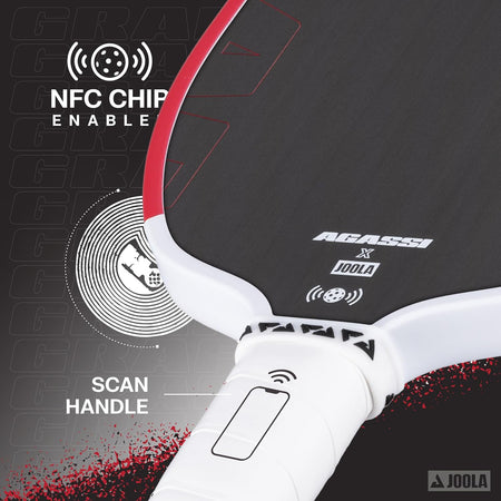 Close up image of the JOOLA x Agassi pro paddle showing the location of the NFC Chip in the paddle handle.