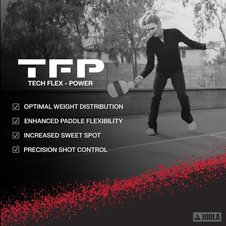 Inforgraphic with Steffi Graf shown hitting a pickleball. The inforgraphic talks about the benefits of TechFlex Power technology.