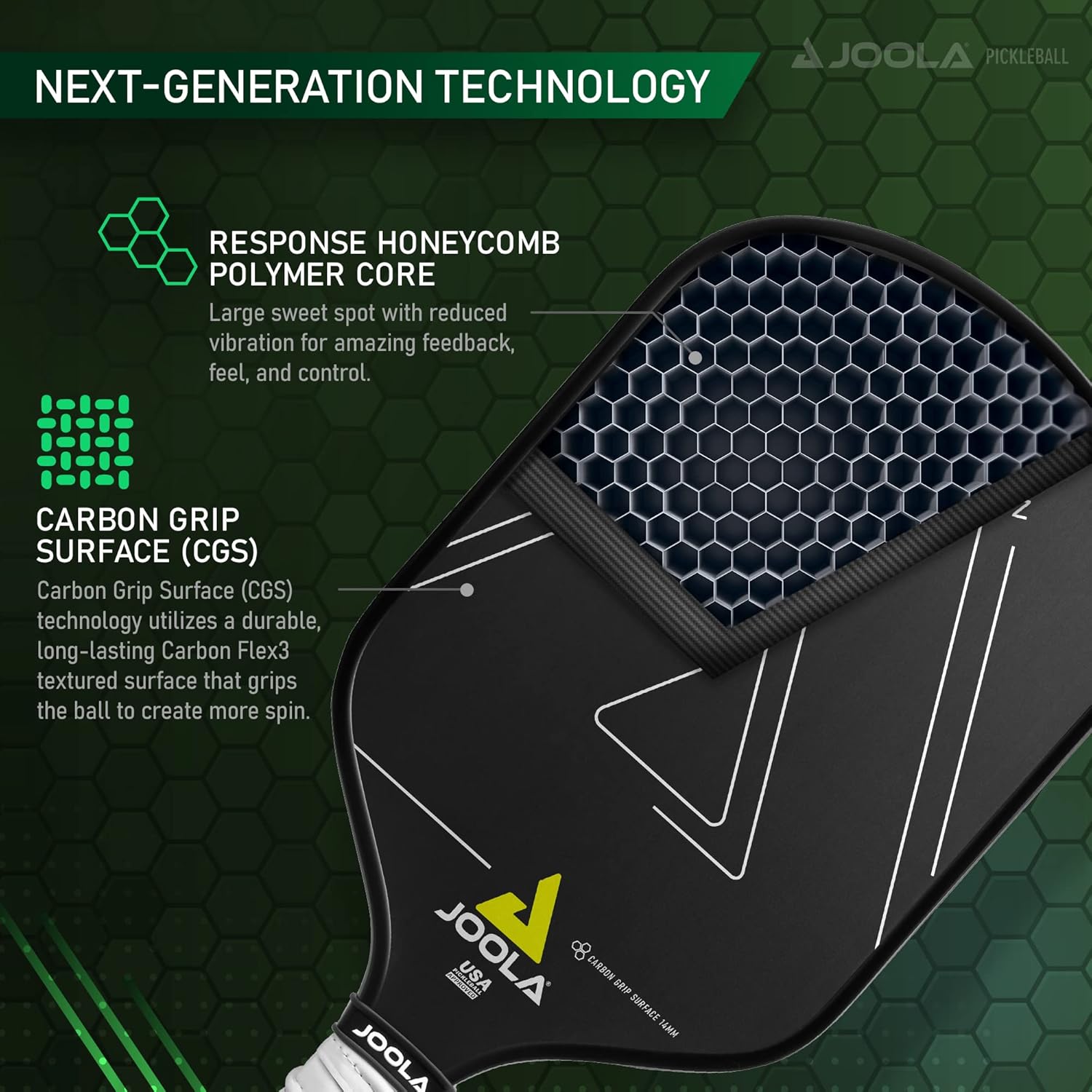 JOOLA pickleball paddle with text on next-generation technology.