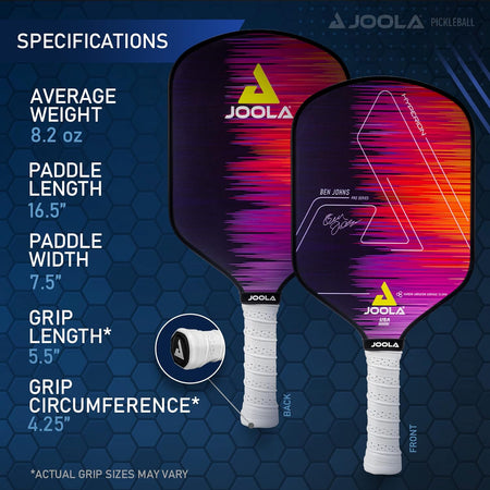 Infographic outlining the paddle specifications for the JOOLA Hyperion pickleball paddle. Outlined on the image are the paddle's Average Weight, Paddle Length, Paddle Width, Grip Length and Grip Circumference.