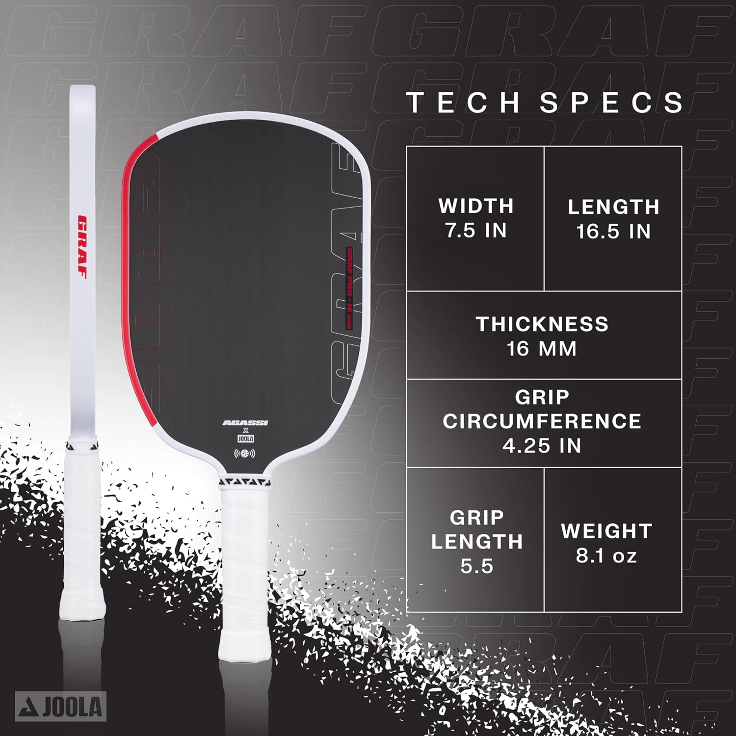 Inforgraphic showing the Tech Specs for the Graf Pro Pickleball paddle.