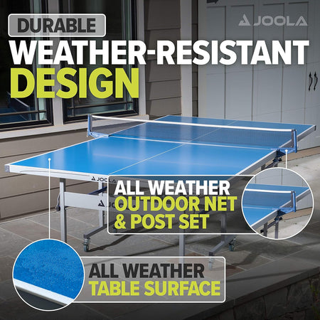Infographic showing the weather-resistant design of the JOOLA Rapid pLay outdoor table tennis table.