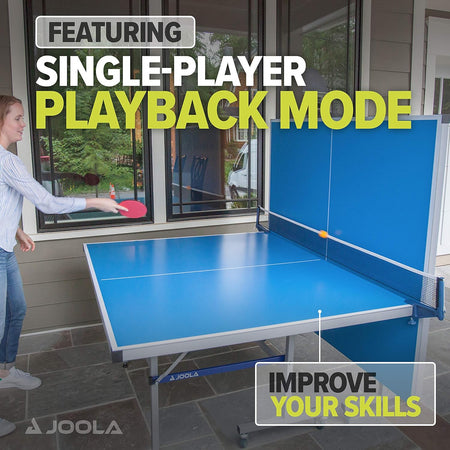 Infographic image highlighting the single-player playback feature on the JOOLA Rapid Play Outdoor Table Tennis Table.