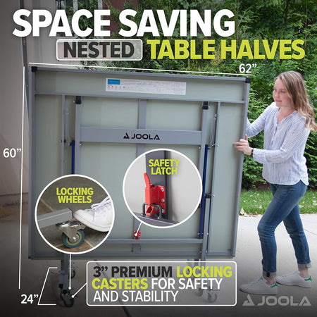 Infographic showing the specs of the JOOLA Rapid Play table tennis table. Sizing for storage.