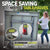 Infographic showing the specs of the JOOLA Rapid Play table tennis table. Sizing for storage.