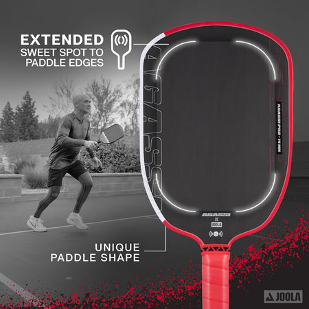 Agassi x JOOLA pickleball paddle infographic with extended sweet spot feature and Andre Agassi on court in the background.