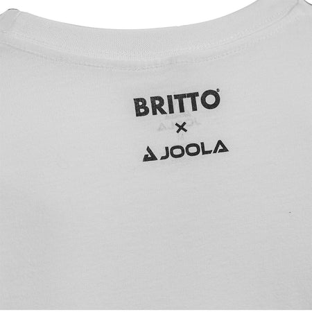 White Background Image: Back of BRITTO x JOOLA tee shirt. BRITTO x JOOLA logo on the back side of the shirt near the neck.