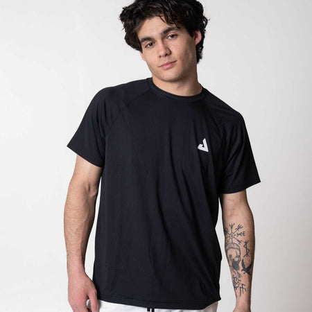 White background, image of a model wearing a black JOOLA Court Short Sleeve shirt.