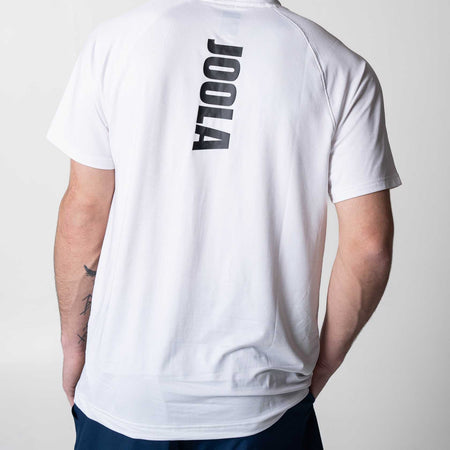 Gray background, image of the back of a JOOLA Court Short Sleeve shirt, white shirt with black lettering.