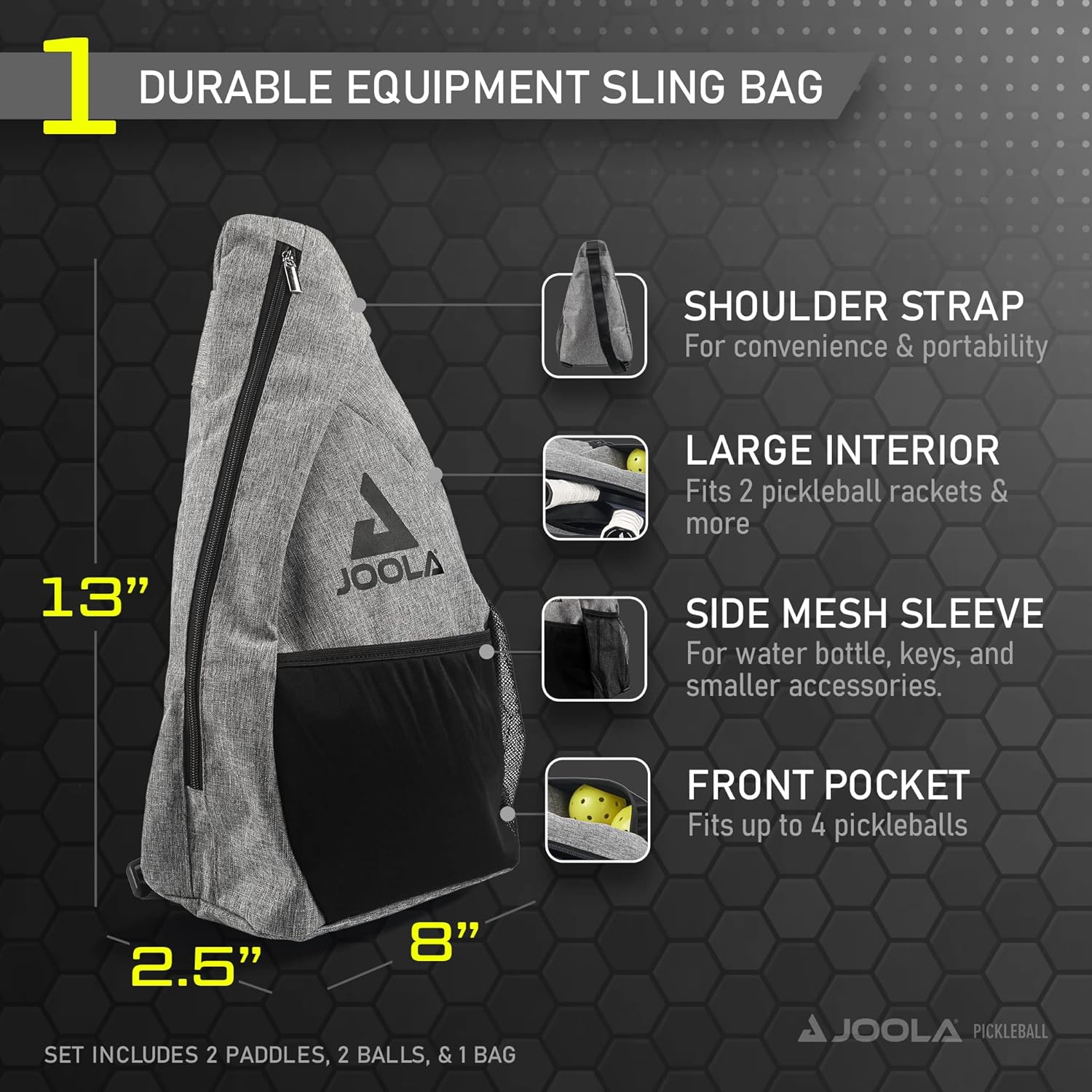 Inforgraphic showing the complete breakdown and specs for the JOOLA Essentails pickleball paddle set.