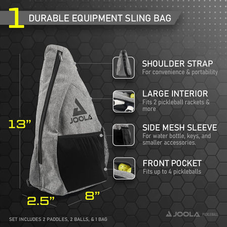 Inforgraphic showing the complete breakdown and specs for the JOOLA Essentails pickleball paddle set.