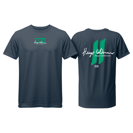 White background, navy and green JOOLA Hugo Calderano shirt.