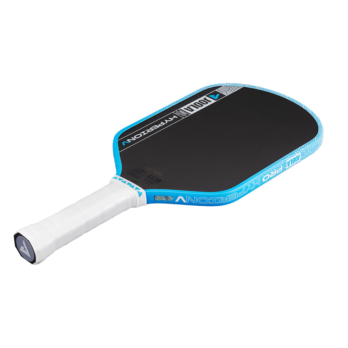 White background, image of the JOOLA Hyperion Pro V pickleball paddle, white handle, blue and white edge guard and black surface.