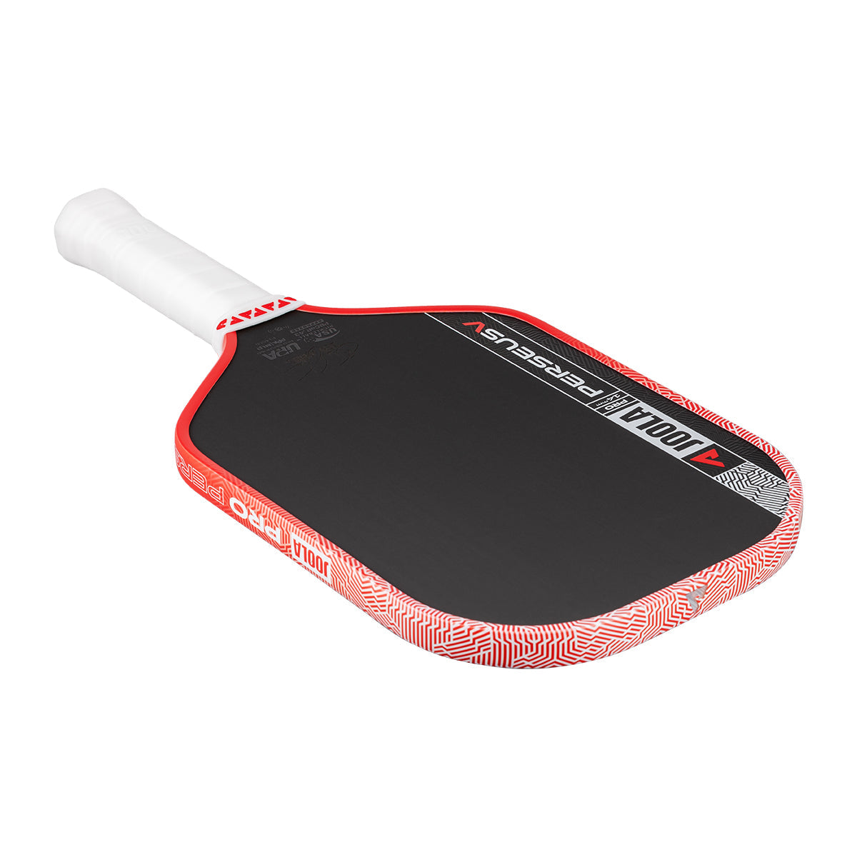 White background, product image of the JOOLA Perseus Pro V pickleball paddle with red edge guard and a white handle.