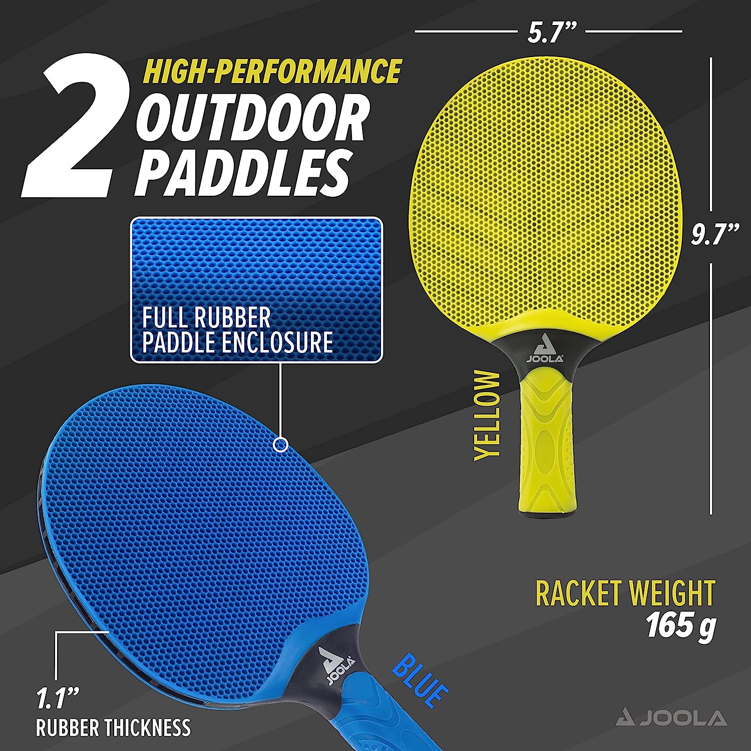 JOOLA Table Tennis infographic for the Vivid Outdoor Racket Set. Image shows the size and weight specs for the two paddles.