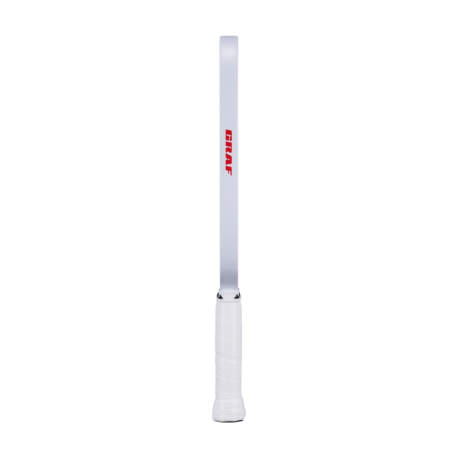 White background, product image of the white edge guard and Graf logo on the side of the Agassi x JOOLA Graf Pro Pickleball Paddle. White handle.