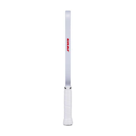 White background, product image of the white edge guard and Graf logo on the side of the Agassi x JOOLA Graf Pro Pickleball Paddle. White handle.