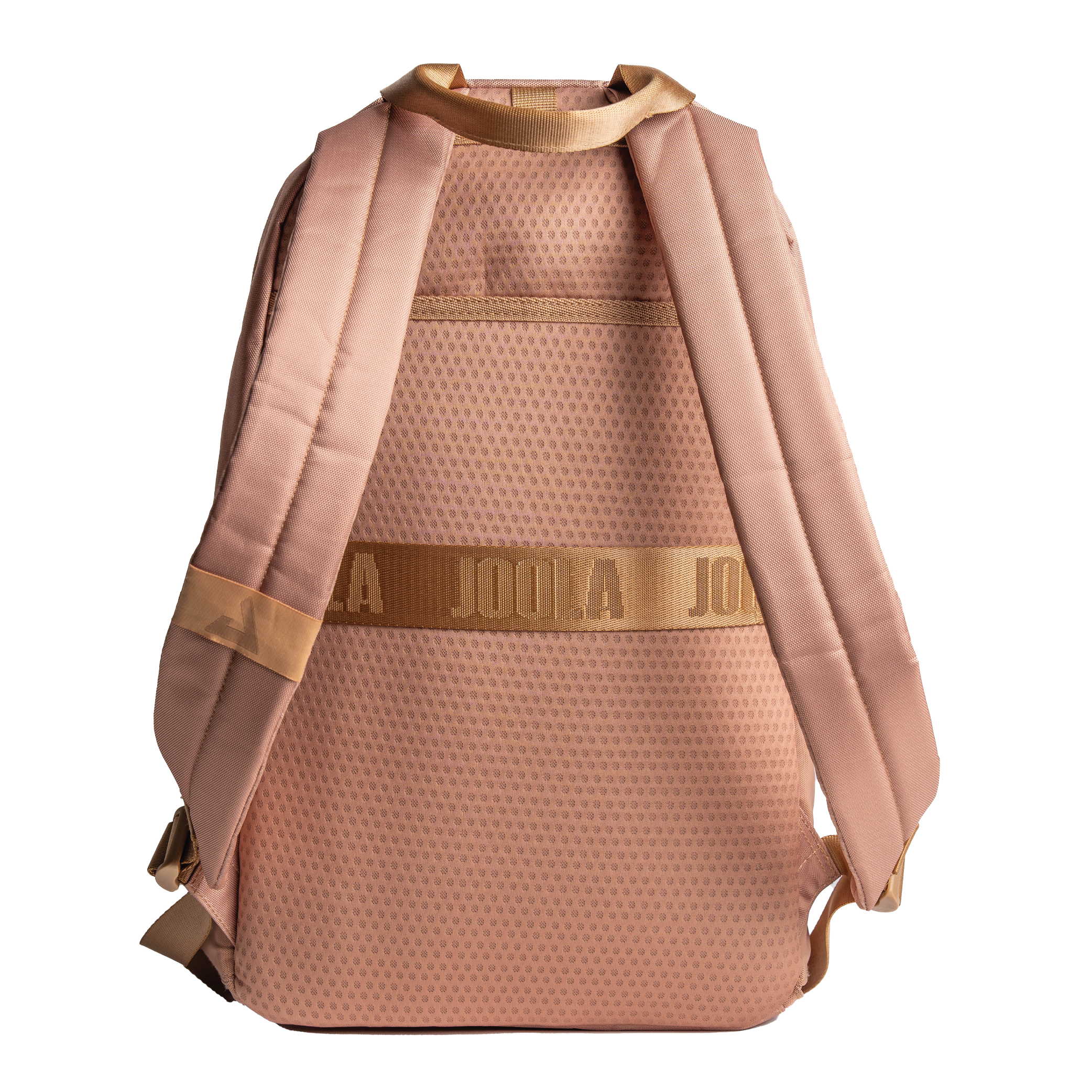 Pink JOOLA Everyday backpack with gold accents on a white background.