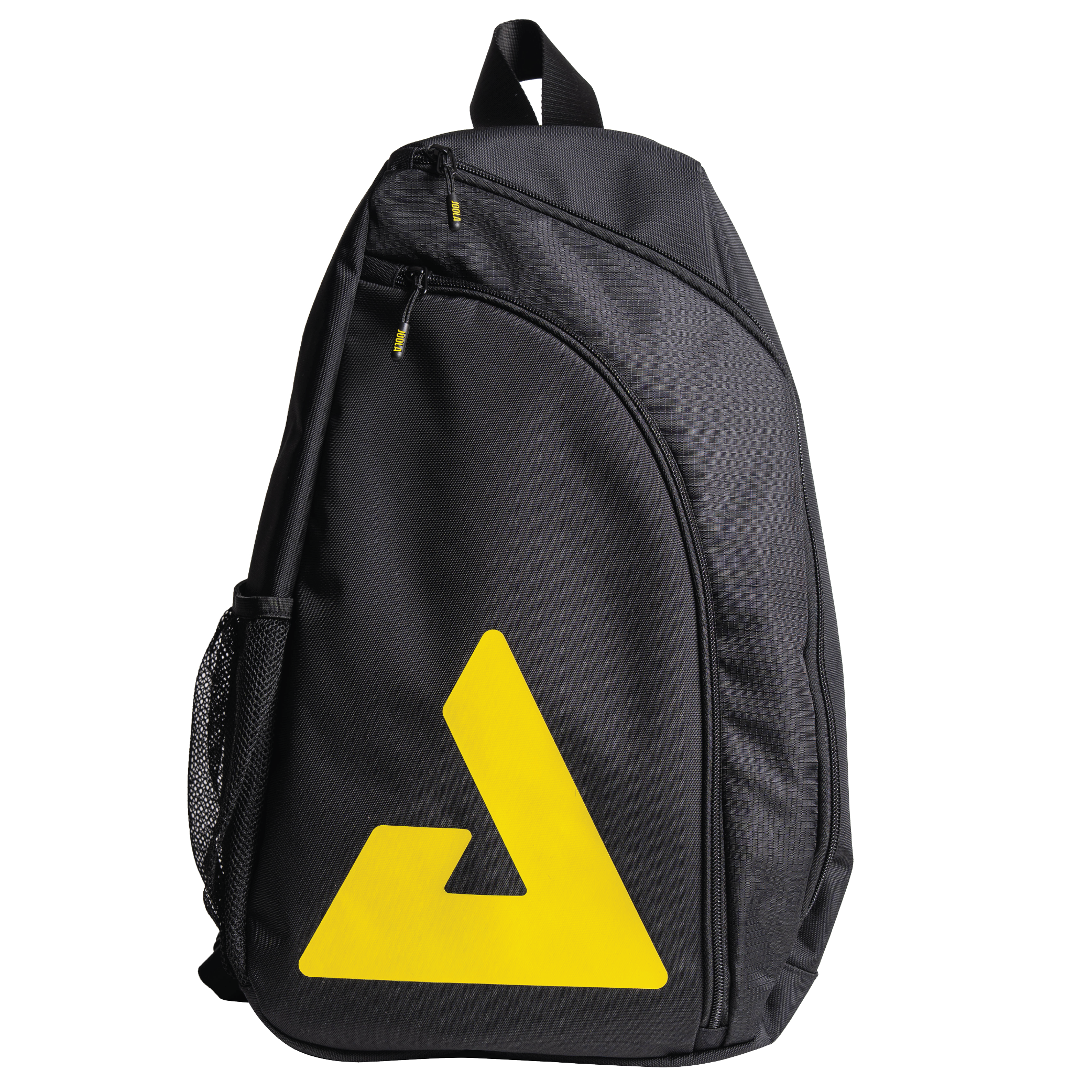 Black backpack with a yellow JOOLA Trinity logo on a white background