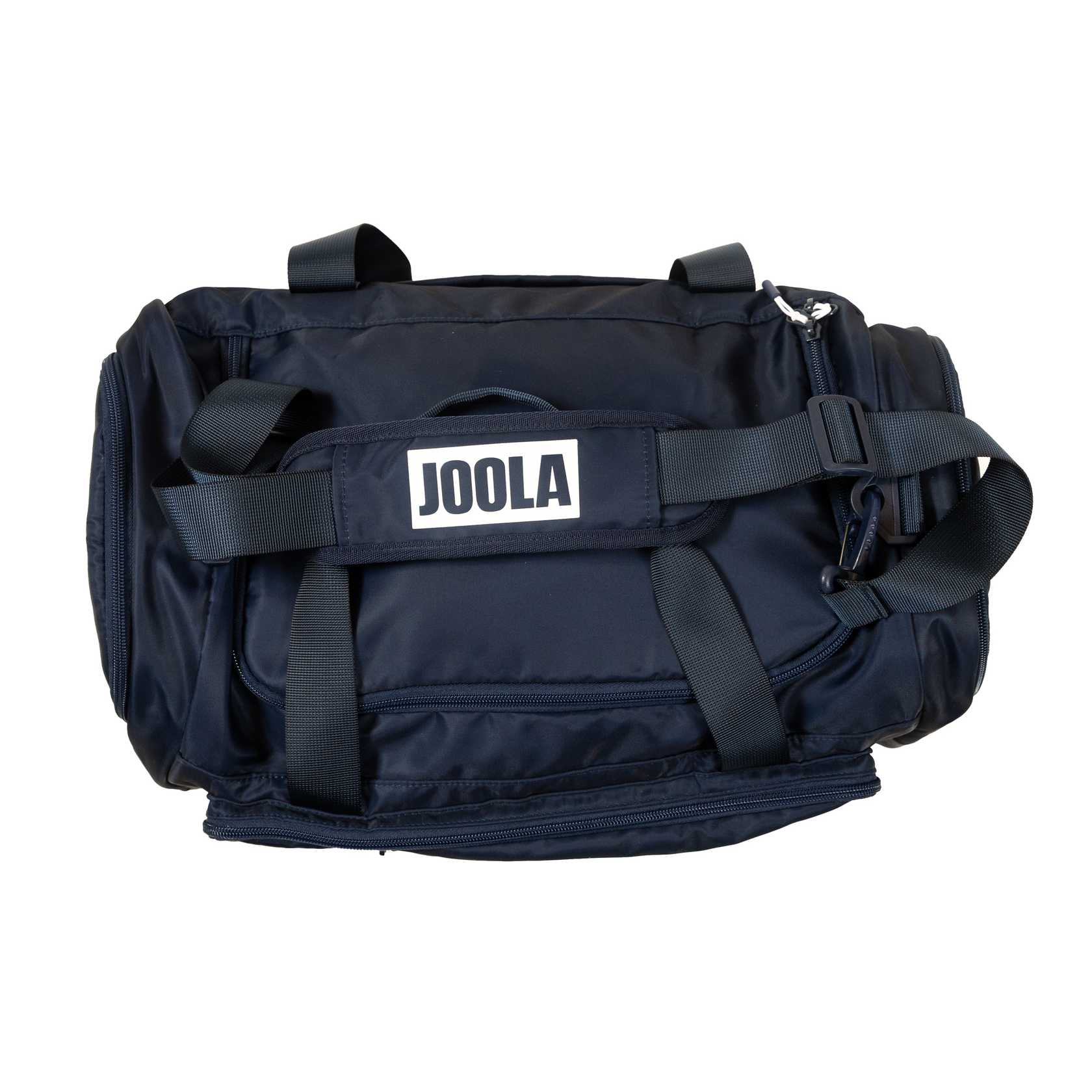 Navy blue duffel bag with 'JOOLA' logo on a white background.
