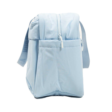 Light blue backpack with a front pocket on a white background