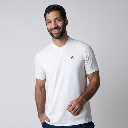 Gray background, image of a male model wearing a JOOLA Men's Court Polo, white.